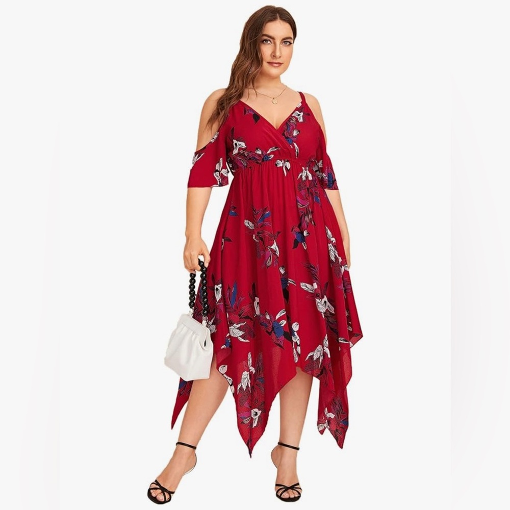 Asymmetrical Cold Shoulder Floral Dress in Red